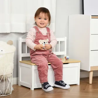 Homcom Banca Cutie de Depozitare pentru Copii 2 in 1 din Lemn 60x30x50cm, Alb/Lemn natural