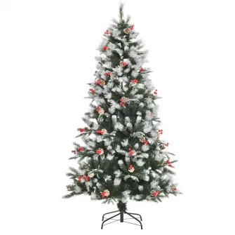 HOMCOM Brad de Craciun cu zapada cu fructe si conuri de brad, baza detasabila Φ90x180cm
