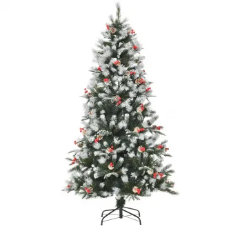 HOMCOM Brad de Craciun cu zapada cu fructe si conuri de brad, baza detasabila Φ90x180cm