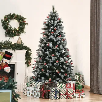 HOMCOM Brad de Craciun cu zapada cu fructe si conuri de brad, baza detasabila Φ90x180cm
