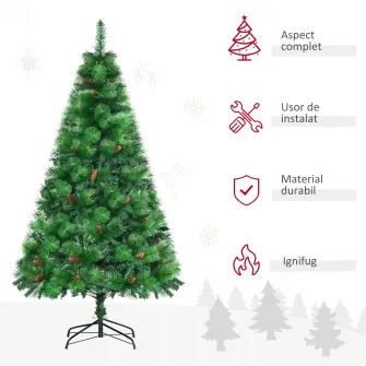 HOMCOM Brad de Craciun impodobit si ignifug pentru interior cu 782 de ramuri si baza metalica, din PE si PVC, Φ116x180 cm, verde