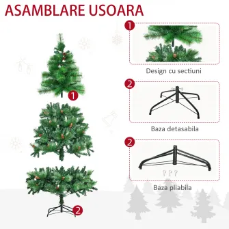 HOMCOM Brad de Craciun impodobit si ignifug pentru interior cu 782 de ramuri si baza metalica, din PE si PVC, Φ116x180 cm, verde