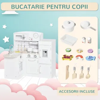 HOMCOM Bucatarie Jucarie Lemn cu Accesorii Chiuveta, Frigider si Microunde, Alb