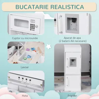 HOMCOM Bucatarie Jucarie Lemn cu Accesorii Chiuveta, Frigider si Microunde, Alb