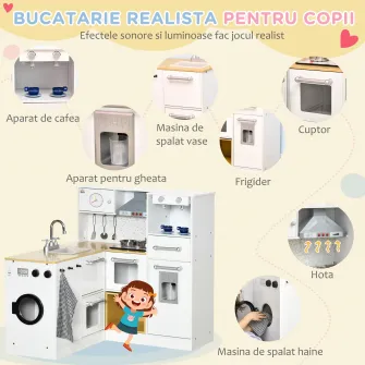HOMCOM Bucatarie pentru copii din 2 bucati pentru copii 3-6 ani cu ustensile de bucatarie, lumini si efecte sonore realiste, in MDF si PP de culoare alb si lemn