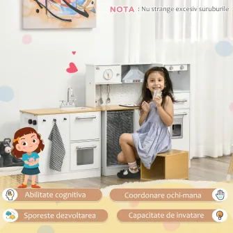 HOMCOM Bucatarie pentru copii din 2 bucati pentru copii 3-6 ani cu ustensile de bucatarie, lumini si efecte sonore realiste, in MDF si PP de culoare alb si lemn