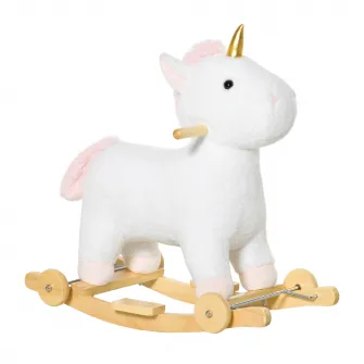 HOMCOM Cal tip Balansoar 2 in 1 Unicorn cu Roti Sunete si Invelis de Plus