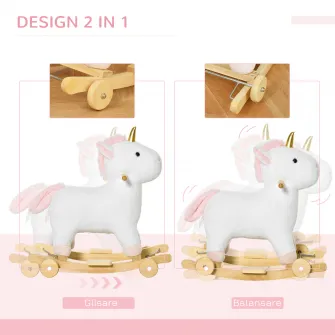 HOMCOM Cal tip Balansoar 2 in 1 Unicorn cu Roti Sunete si Invelis de Plus