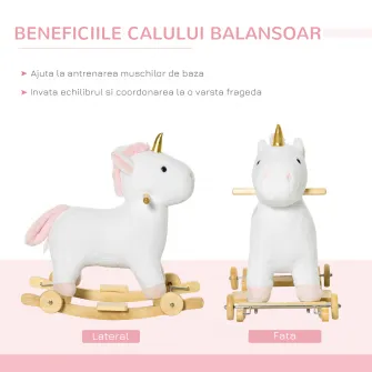 HOMCOM Cal tip Balansoar 2 in 1 Unicorn cu Roti Sunete si Invelis de Plus