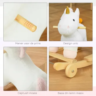 HOMCOM Cal tip Balansoar 2 in 1 Unicorn cu Roti Sunete si Invelis de Plus