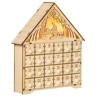 HOMCOM Calendar de Advent din Lemn 24 Sertare Nasterea Domnului Sculptata si Luminite