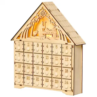 HOMCOM Calendar de Advent din Lemn 24 Sertare Nasterea Domnului Sculptata si Luminite