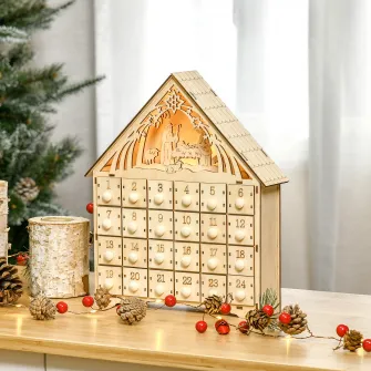 HOMCOM Calendar de Advent din Lemn 24 Sertare Nasterea Domnului Sculptata si Luminite