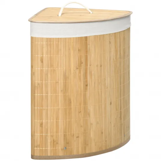 HOMCOM Cos de Rufe cu Capac, Cos de Rufe care Economiseste Spatiul Triunghiular din Bambus si Tesatura, 38x38x57cm, Culoarea Lemnului