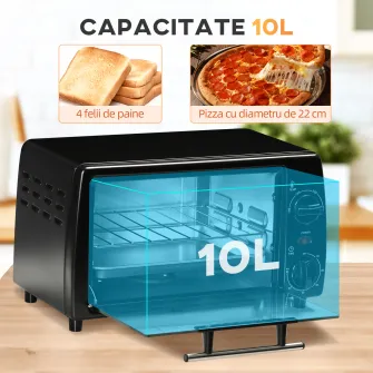 HOMCOM Cuptor electric 10L temperatura reglabila si temporizator, grila si tava incluse, 750 W, 36,5x26x22cm, negru