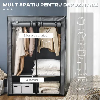 HOMCOM Dulap portabil din otel, netesut si PP cu 4 rafturi deschise, 2 umerase si usa, 118x49x170 cm, gri