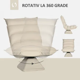HOMCOM Fotoliu Relax din material capitonat cu pivotare la 360°, fotoliu rabatabil pe 3 nivele 62x62x95cm, bej