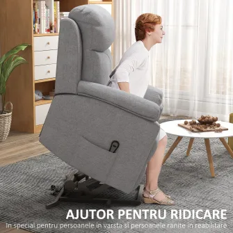 HOMCOM Fotoliu Ridicare persoane Rabatabil cu Suport pentru Picioare care se Ridica si Telecomanda, din Poliester Efect In, 83x89x102 cm, Gri