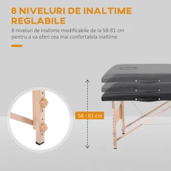 HOMCOM Masa pentru Masaj Portabila cu Inaltime Reglabila cu Perna Detasabila, Maner si Geanta, din Lemn, Plastic si Spuma, 186x60x58-81 cm, Negru
