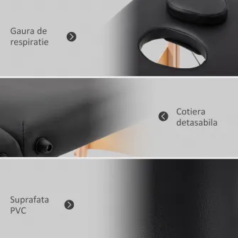 HOMCOM Masa pentru Masaj Portabila cu Inaltime Reglabila cu Perna Detasabila, Maner si Geanta, din Lemn, Plastic si Spuma, 186x60x58-81 cm, Negru