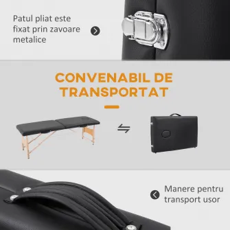 HOMCOM Masa pentru Masaj Portabila cu Inaltime Reglabila cu Perna Detasabila, Maner si Geanta, din Lemn, Plastic si Spuma, 186x60x58-81 cm, Negru