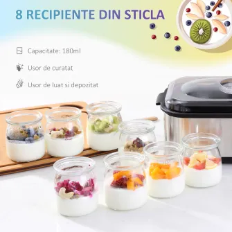 HOMCOM Masina electrica pentru iaurt 30W cu 8 recipiente, cronometru 1-48 Ore, temperatura 20-55°C