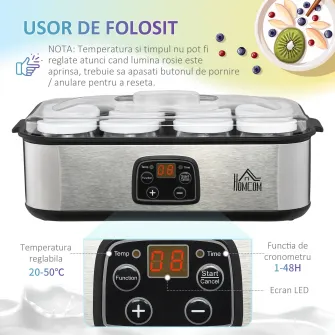 HOMCOM Masina electrica pentru iaurt 30W cu 8 recipiente, cronometru 1-48 Ore, temperatura 20-55°C