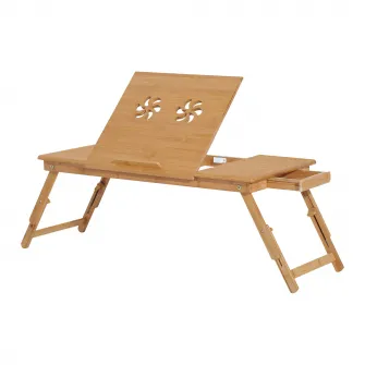 HOMCOM Masuta de Pat pentru PC Pliabila, Suport pentru PC Reglabil e Inclinabil cu Sertar si Picioare Pliabile, 72x35x22-30, Culoarea Lemnului