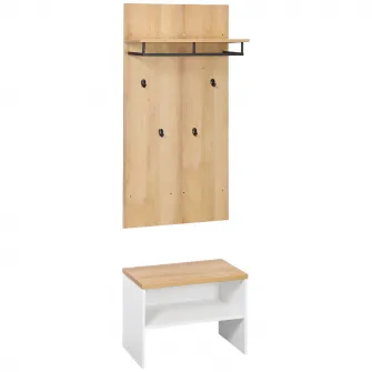 HOMCOM Mobilier de hol cu suport mic pentru pantofi, banca si suport pentru haine cu 4 carlige, suport pentru haine pentru hol din PAL si otel, 60x28x120 cm