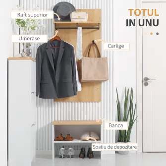 HOMCOM Mobilier de hol cu suport mic pentru pantofi, banca si suport pentru haine cu 4 carlige, suport pentru haine pentru hol din PAL si otel, 60x28x120 cm
