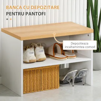 HOMCOM Mobilier de hol cu suport mic pentru pantofi, banca si suport pentru haine cu 4 carlige, suport pentru haine pentru hol din PAL si otel, 60x28x120 cm