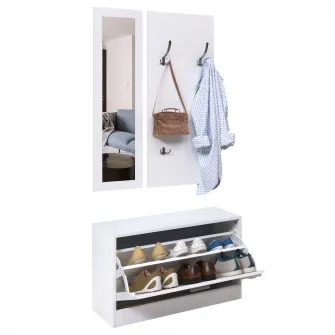 HOMCOM Mobilier pentru Hol din Lemn Set 3 Piese cu Suport pantofi, Suport haine si Oglinda, 80x27x46,5cm - Alb