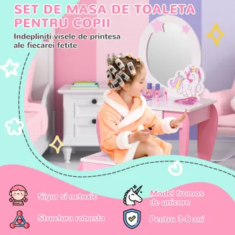 HOMCOM Oglinda Jucarie cu Sertar si Taburet