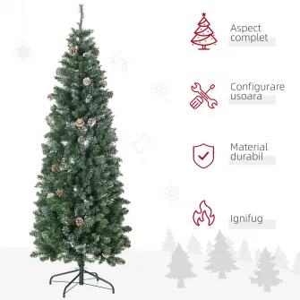HOMCOM Pom de Craciun Artificial Inalt de 6 ft Tip Creion cu 618 Ramuri Scufundate In Zapada, Deschidere Automata, Baza de Otel, Verde