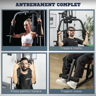HOMCOM Sala de gimnastica multifunctionala  cu greutati, aparat multifunctional de gimnastica de acasa cu stiva de greutati de 45 kg