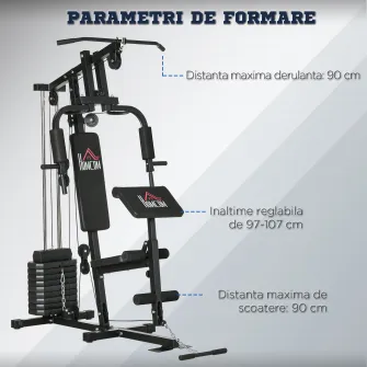 HOMCOM Sala de gimnastica multifunctionala  cu greutati, aparat multifunctional de gimnastica de acasa cu stiva de greutati de 45 kg