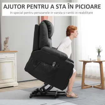 HOMCOM Scaun cu ridicare electric pentru varstnici cu masaj, din piele PU rezistenta cu telecomanda, buzunare laterale, negru