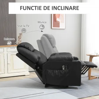 HOMCOM Scaun cu ridicare electric pentru varstnici cu masaj, din piele PU rezistenta cu telecomanda, buzunare laterale, negru