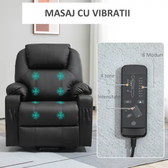 HOMCOM Scaun cu ridicare electric pentru varstnici cu masaj, din piele PU rezistenta cu telecomanda, buzunare laterale, negru