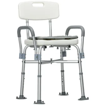 HOMCOM Scaun de Dus din Aluminiu cu Spatar si Brate, Scaun de Dus cu Inaltime Reglabila cu Perna Captusita Detasabila, Scaun de Baie pentru Persoane in Varsta, Persoane cu Dizabilitati, Gravide, Alb
