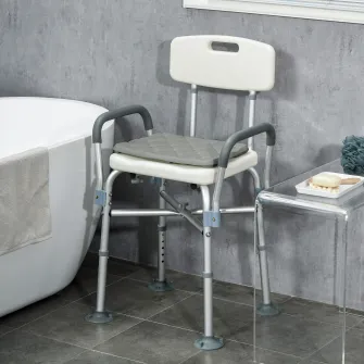 HOMCOM Scaun de Dus din Aluminiu cu Spatar si Brate, Scaun de Dus cu Inaltime Reglabila cu Perna Captusita Detasabila, Scaun de Baie pentru Persoane in Varsta, Persoane cu Dizabilitati, Gravide, Alb