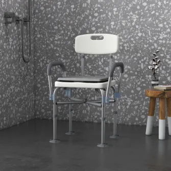 HOMCOM Scaun de Dus din Aluminiu cu Spatar si Brate, Scaun de Dus cu Inaltime Reglabila cu Perna Captusita Detasabila, Scaun de Baie pentru Persoane in Varsta, Persoane cu Dizabilitati, Gravide, Alb