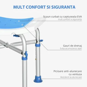 HOMCOM Scaun de dus pentru persoane in varsta, scaun de dus reglabil pe inaltime cu spatar si brate captusite, ventuze pentru picioare, alb