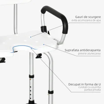 HOMCOM Scaun de dus pentru persoane in varsta, scaun de dus reglabil pe inaltime cu spatar si brate captusite, ventuze pentru picioare, alb