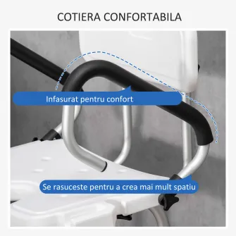 HOMCOM Scaun de dus pentru persoane in varsta, scaun de dus reglabil pe inaltime cu spatar si brate captusite, ventuze pentru picioare, alb