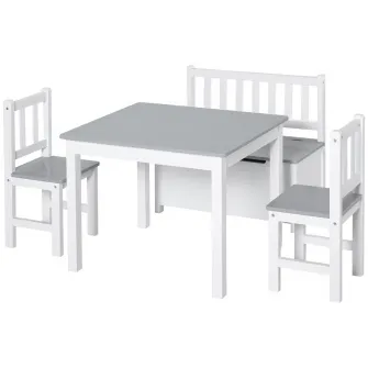 HOMCOM Set 4 Piese cu Masuta pentru Copii, 2 Scaune si Banca pentru Depozitare, Mobilier Camera din Lemn Multifunctional, Alb si Gri