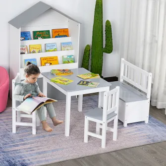 HOMCOM Set 4 Piese cu Masuta pentru Copii, 2 Scaune si Banca pentru Depozitare, Mobilier Camera din Lemn Multifunctional, Alb si Gri