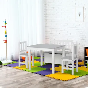HOMCOM Set 4 Piese cu Masuta pentru Copii, 2 Scaune si Banca pentru Depozitare, Mobilier Camera din Lemn Multifunctional, Alb si Gri