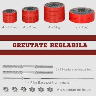 HOMCOM Set cu haltere 65KG, set de antrenament cu greutati reglabile pentru antrenament complet al corpului si construirea muschilor
