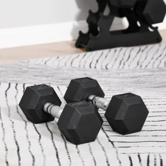 HOMCOM Set de 2 Gantere de Gimnastica Hexagonale, Pereche de Gantere de 5kg din Cauciuc si Maner Anti-alunecare, Negru